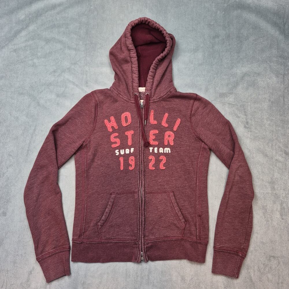 Hollister Y2K Casual Full Zip Hoodie Teens L Burgundy Surf Team 1922